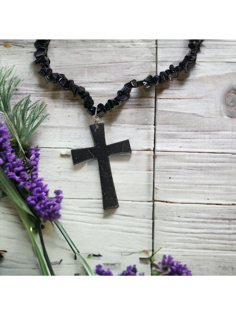 Black Onyx Cross with Onyx stone chips necklace Minimalist neutral